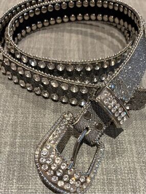 Y2K Metallic Silver Rhinestone Bling Western Buckle Statement Belt